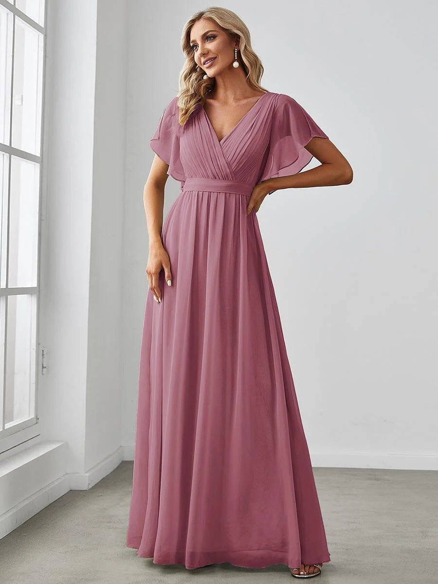 Chiffon A-Line Maxi Evening Dress with Flutter Sleeves