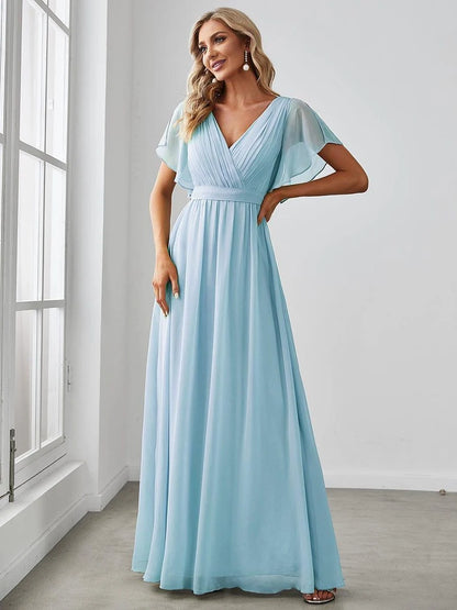 Chiffon A-Line Maxi Evening Dress with Flutter Sleeves