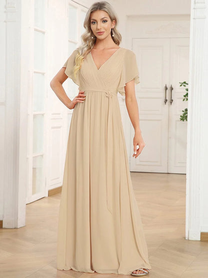 Chiffon A-Line Maxi Evening Dress with Flutter Sleeves