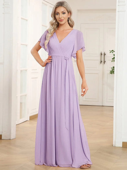 Chiffon A-Line Maxi Evening Dress with Flutter Sleeves
