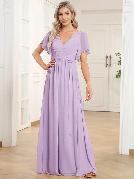 Chiffon A-Line Maxi Evening Dress with Flutter Sleeves