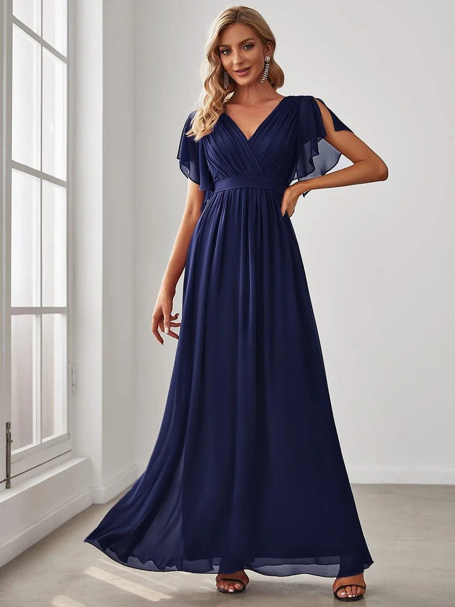 Chiffon A-Line Maxi Evening Dress with Flutter Sleeves