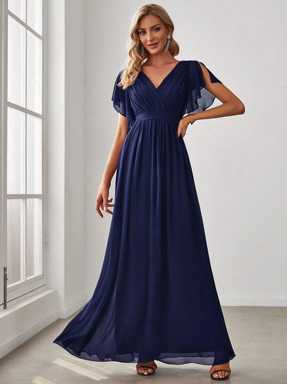 Chiffon A-Line Maxi Evening Dress with Flutter Sleeves
