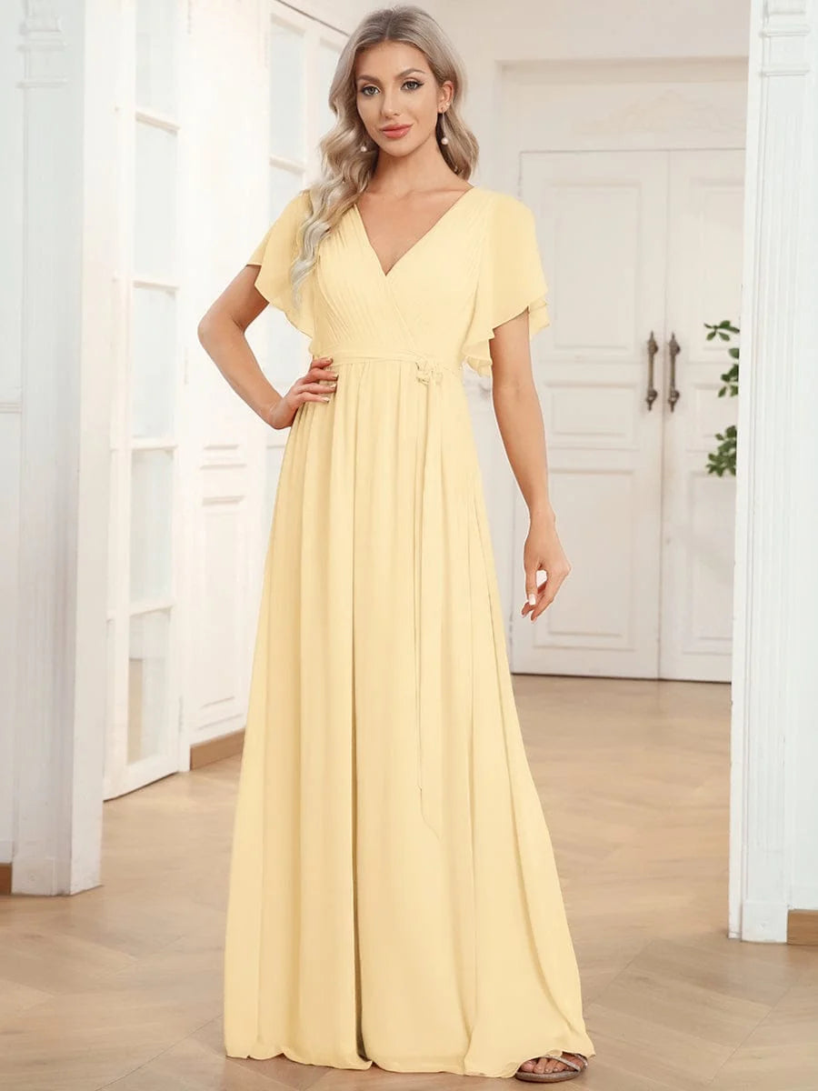 Chiffon A-Line Maxi Evening Dress with Flutter Sleeves