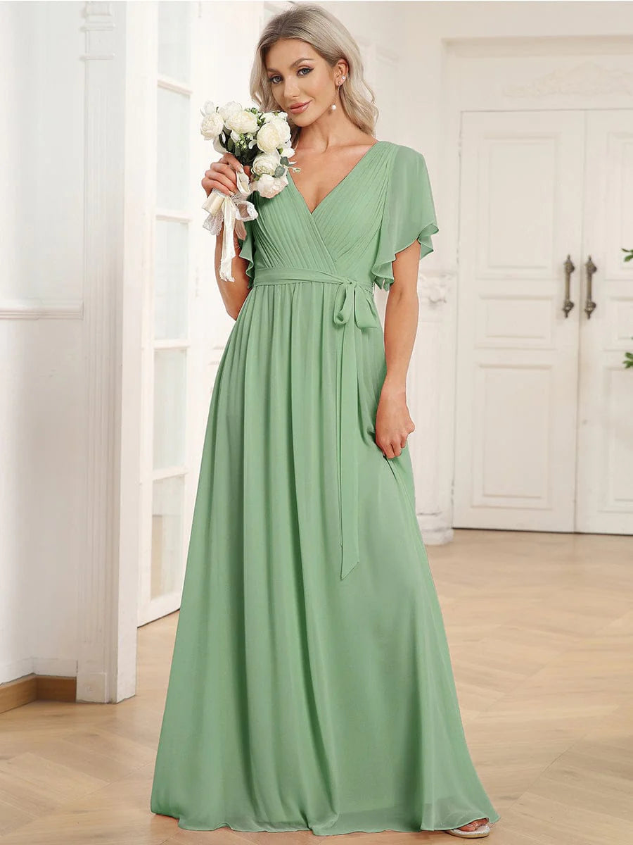 Chiffon A-Line Maxi Evening Dress with Flutter Sleeves