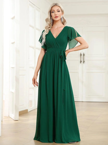 Chiffon A-Line Maxi Evening Dress with Flutter Sleeves
