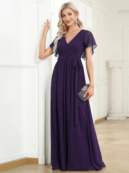 Chiffon A-Line Maxi Evening Dress with Flutter Sleeves