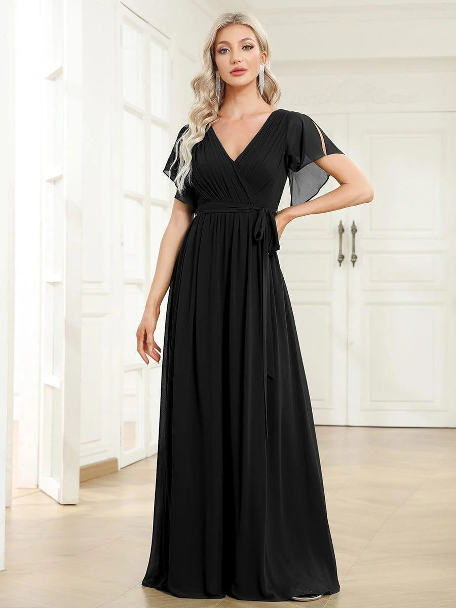 Chiffon A-Line Maxi Evening Dress with Flutter Sleeves