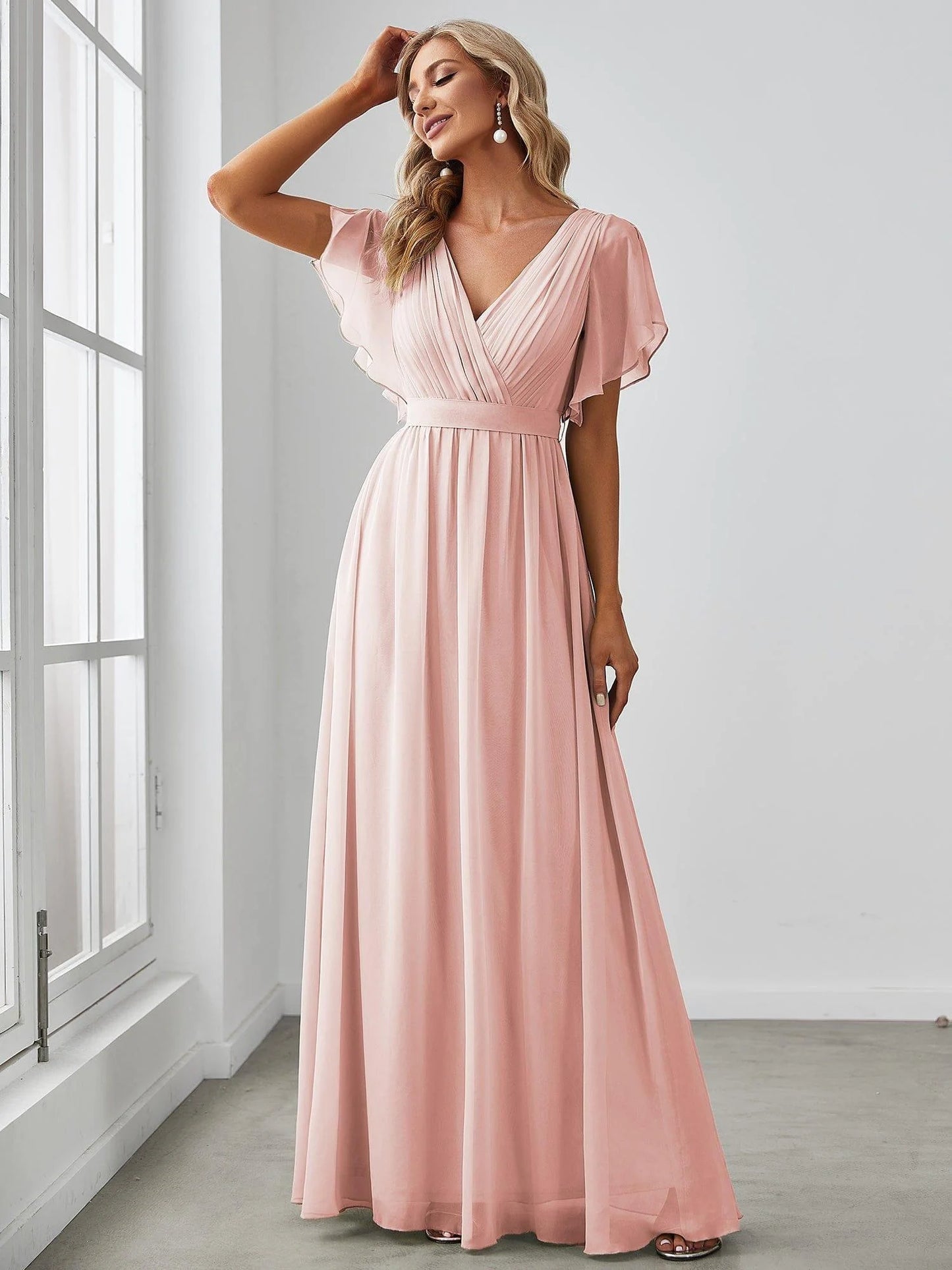 Chiffon A-Line Maxi Evening Dress with Flutter Sleeves