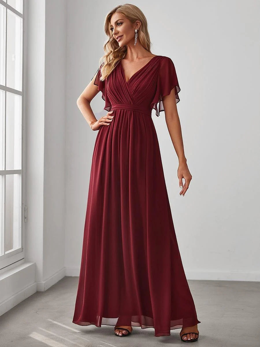 Chiffon A-Line Maxi Evening Dress with Flutter Sleeves