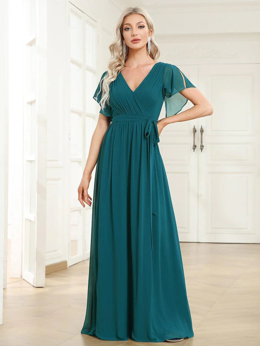 Chiffon A-Line Maxi Evening Dress with Flutter Sleeves