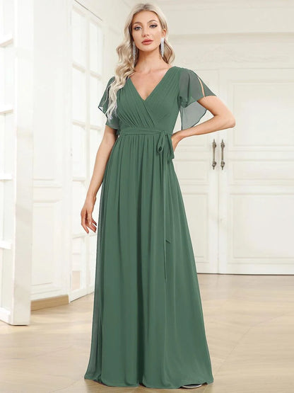 Chiffon A-Line Maxi Evening Dress with Flutter Sleeves