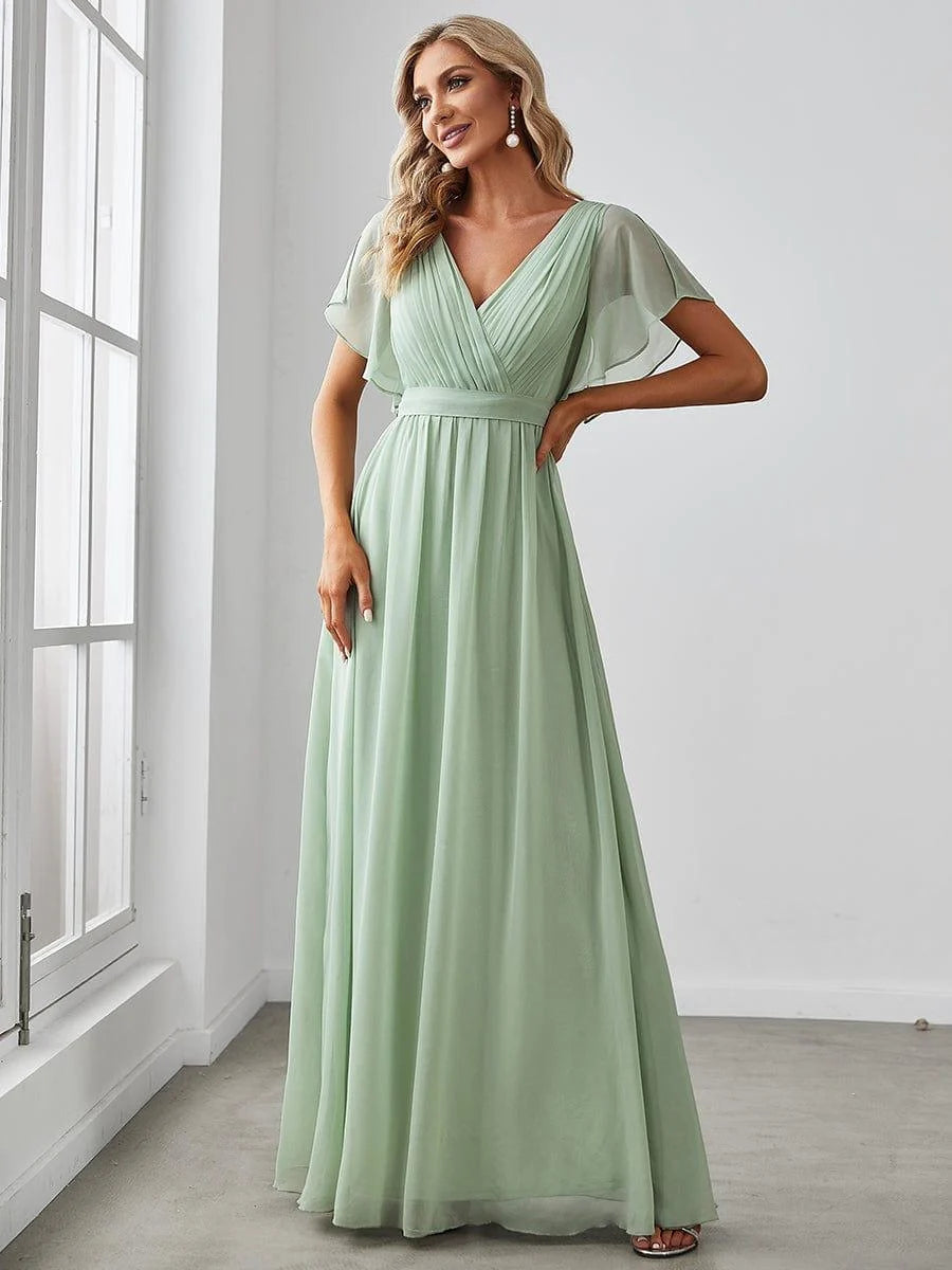 Chiffon A-Line Maxi Evening Dress with Flutter Sleeves