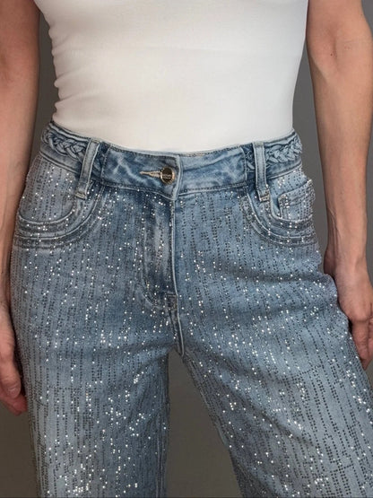 Wide-Leg Glitter Jeans with Rhinestone Detail