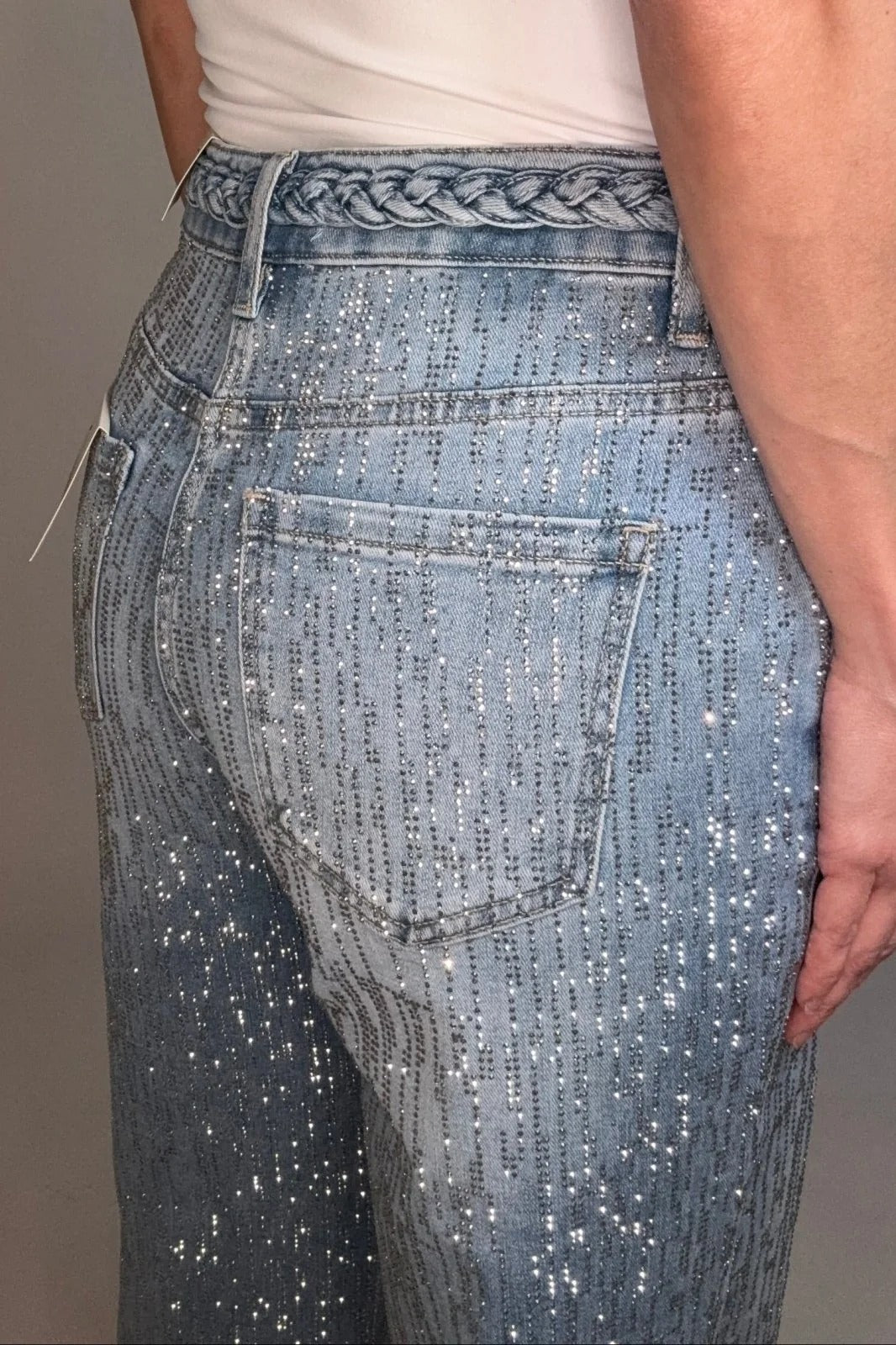 Wide-Leg Glitter Jeans with Rhinestone Detail