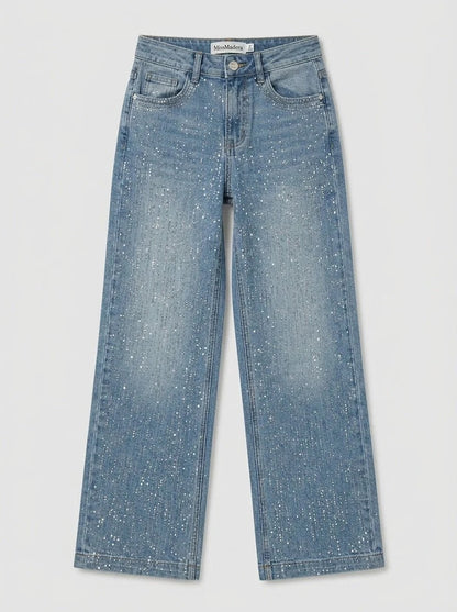 Wide-Leg Glitter Jeans with Rhinestone Detail