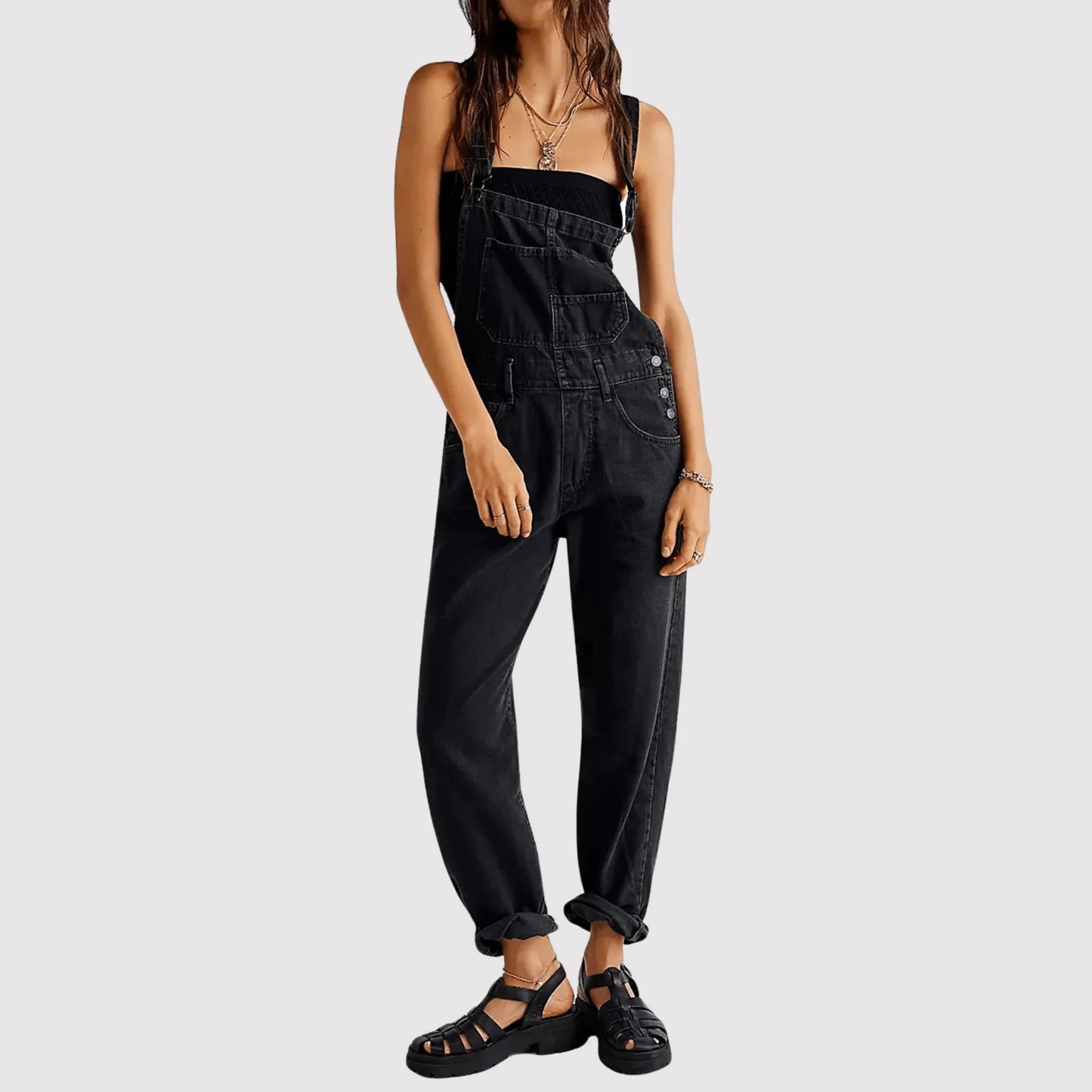 Wide-Leg High-Waist Dungarees in 100% Cotton Denim