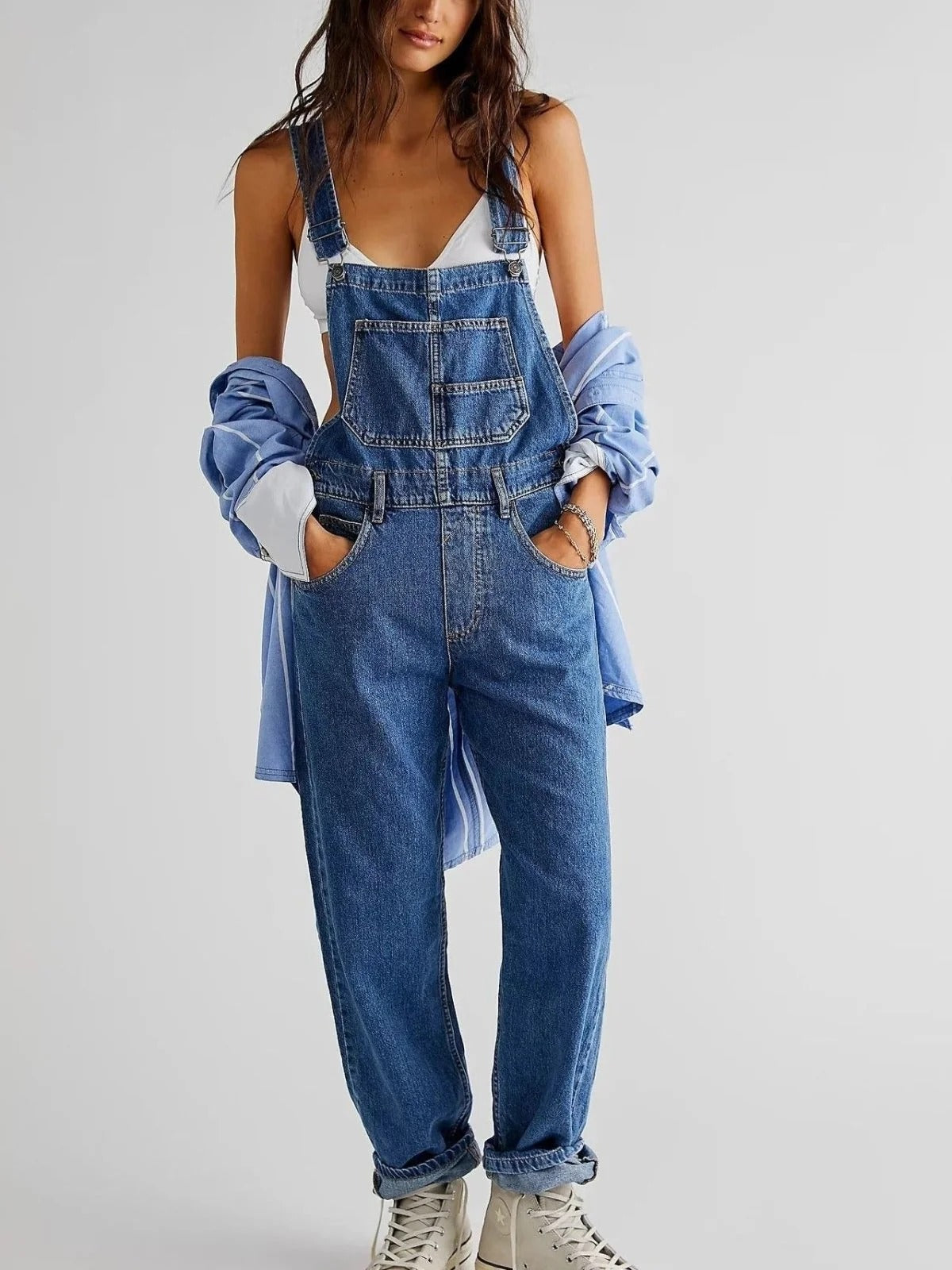 Wide-Leg High-Waist Dungarees in 100% Cotton Denim