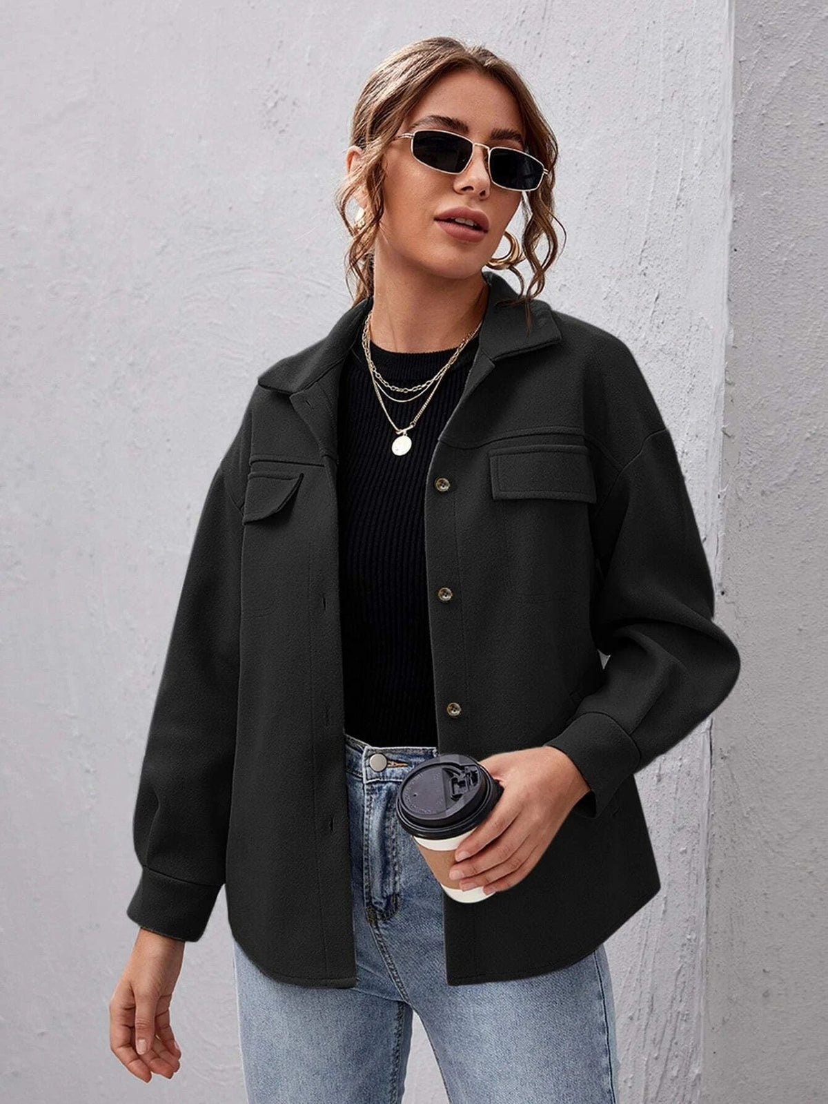 Women's Oversized Shacket with Flap Chest Pockets – Minnie