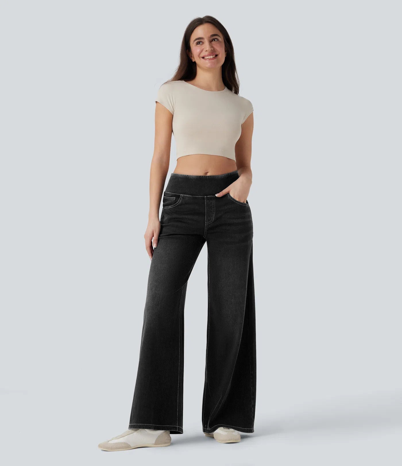 Damenhose mit hohem elastischem Bund und weitem Bein