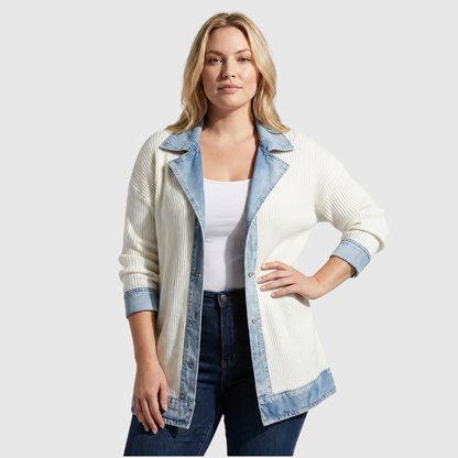 Women's Knit Denim Patchwork Jacket Casual Button Layering Outerwear