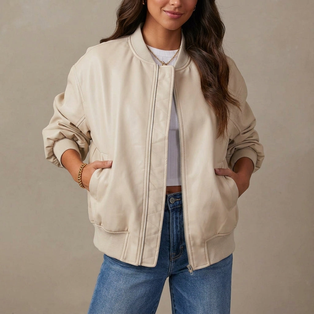Blodwen | Bomber Jacket Leather Ribbed Trim for Women