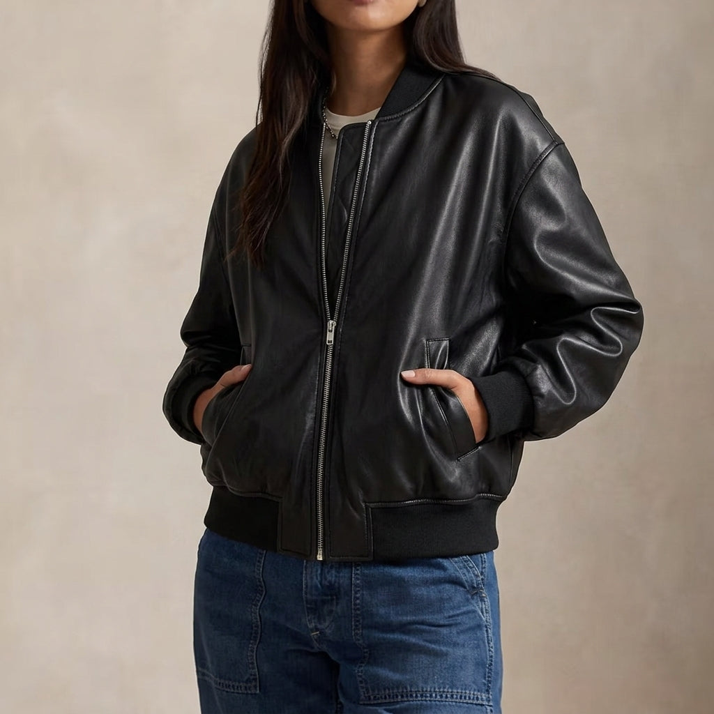 Blodwen | Bomber Jacket Leather Ribbed Trim for Women