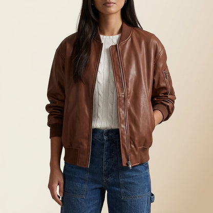Blodwen | Bomber Jacket Leather Ribbed Trim for Women