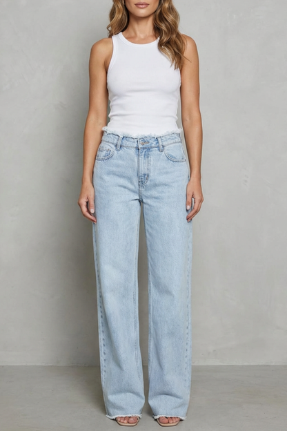 Women's High Waisted Wide Leg Jeans with Raw Hem - Quintessa