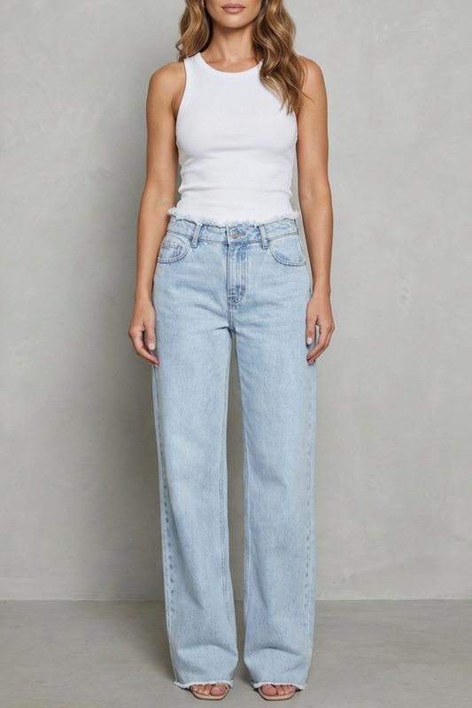 Women's High Waisted Wide Leg Jeans with Raw Hem - Quintessa
