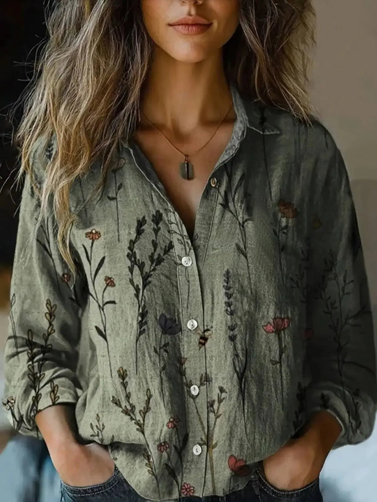 Vintage Floral Button-Down Shirt with Tapestry Print