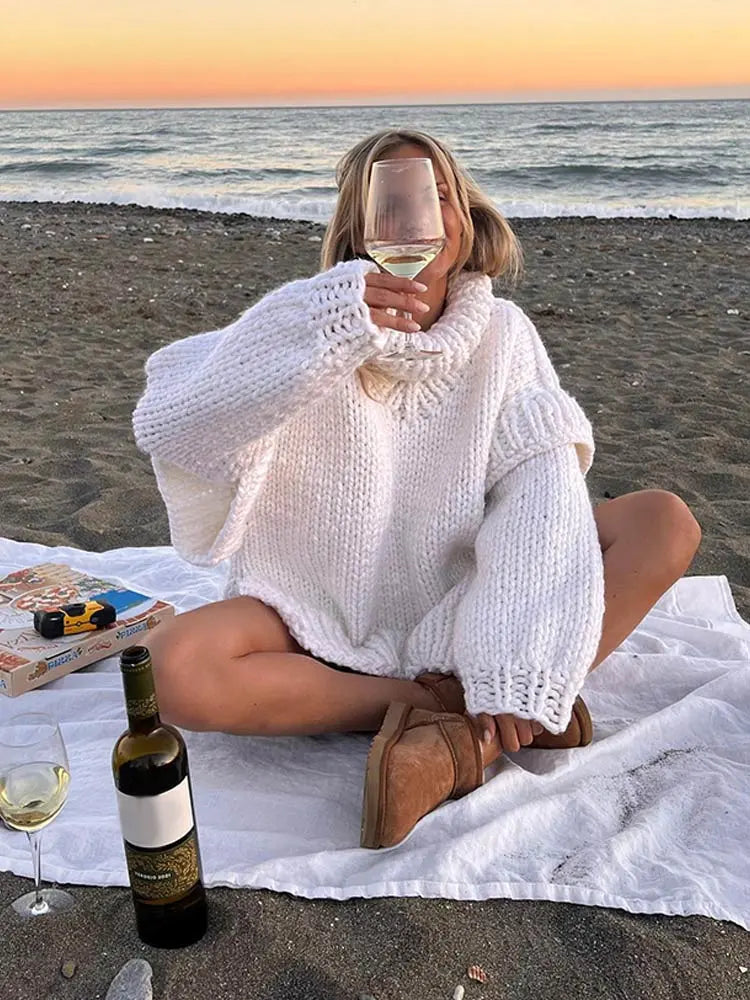 Damen Grobstrick Rollkragenpullover mit Langen Ärmeln und Rippbündchen