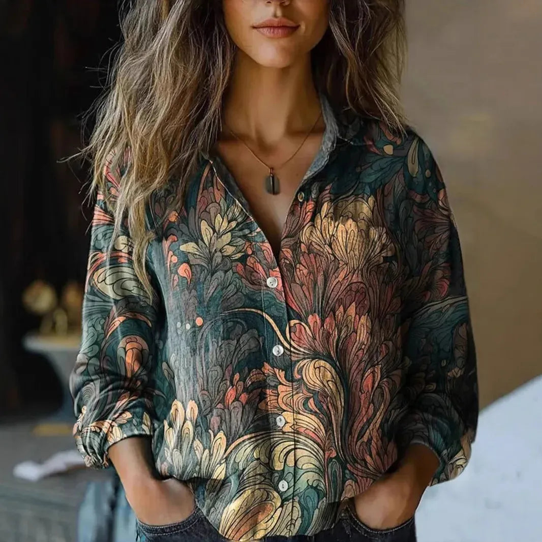Vintage Floral Button-Down Shirt with Tapestry Print