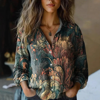 Vintage Floral Button-Down Shirt with Tapestry Print