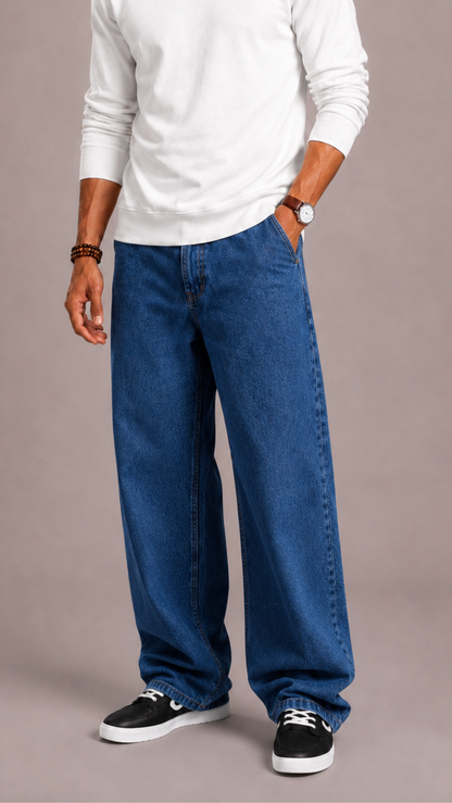 Herren Jeans Weites Bein – Loose Fit Jeans mit geradem Bein, Fünf-Taschen, Schwarz oder Blau, S–3XL – Hommes