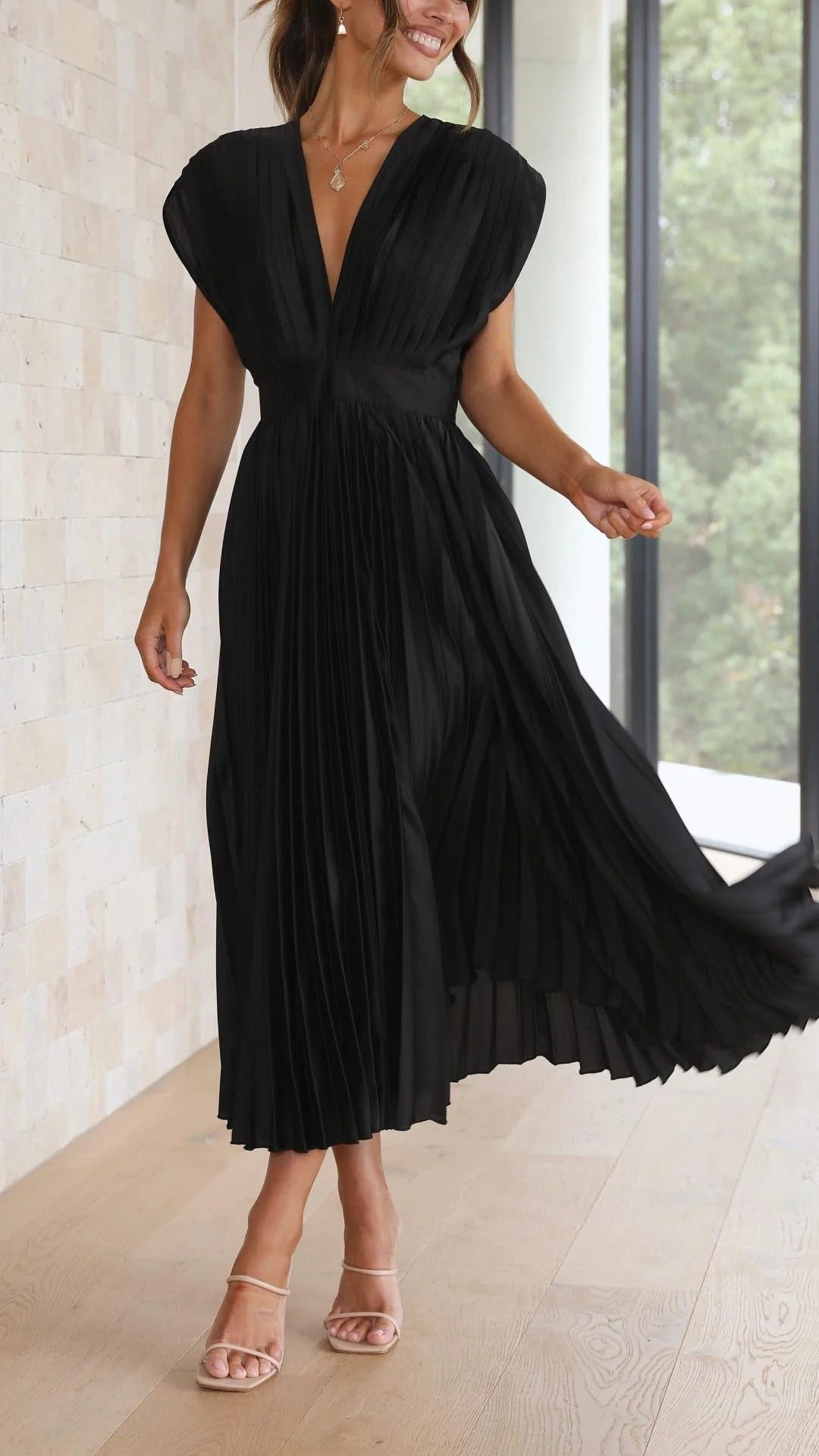Pleated Maxi Dress with Draped V-Neckline