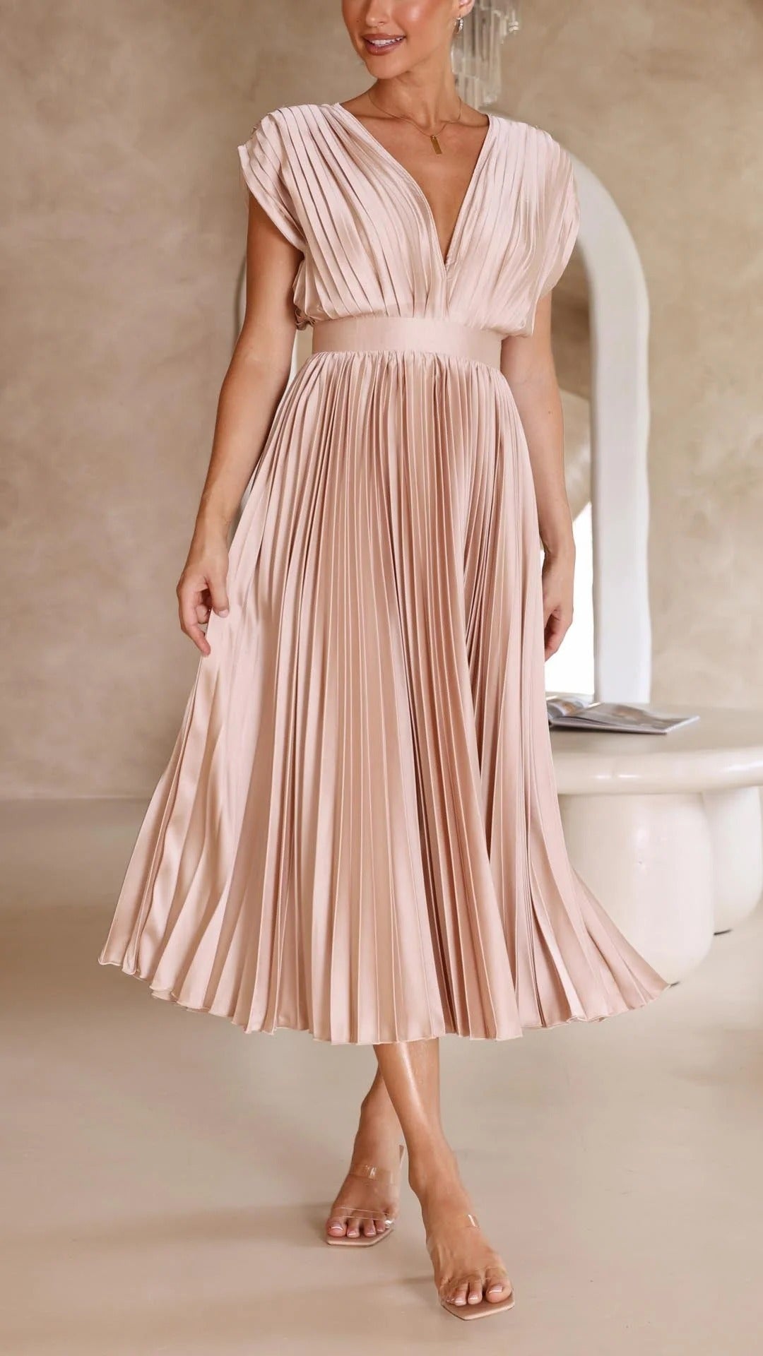 Pleated Maxi Dress with Draped V-Neckline