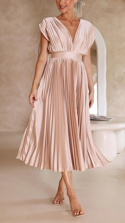 Pleated Maxi Dress with Draped V-Neckline