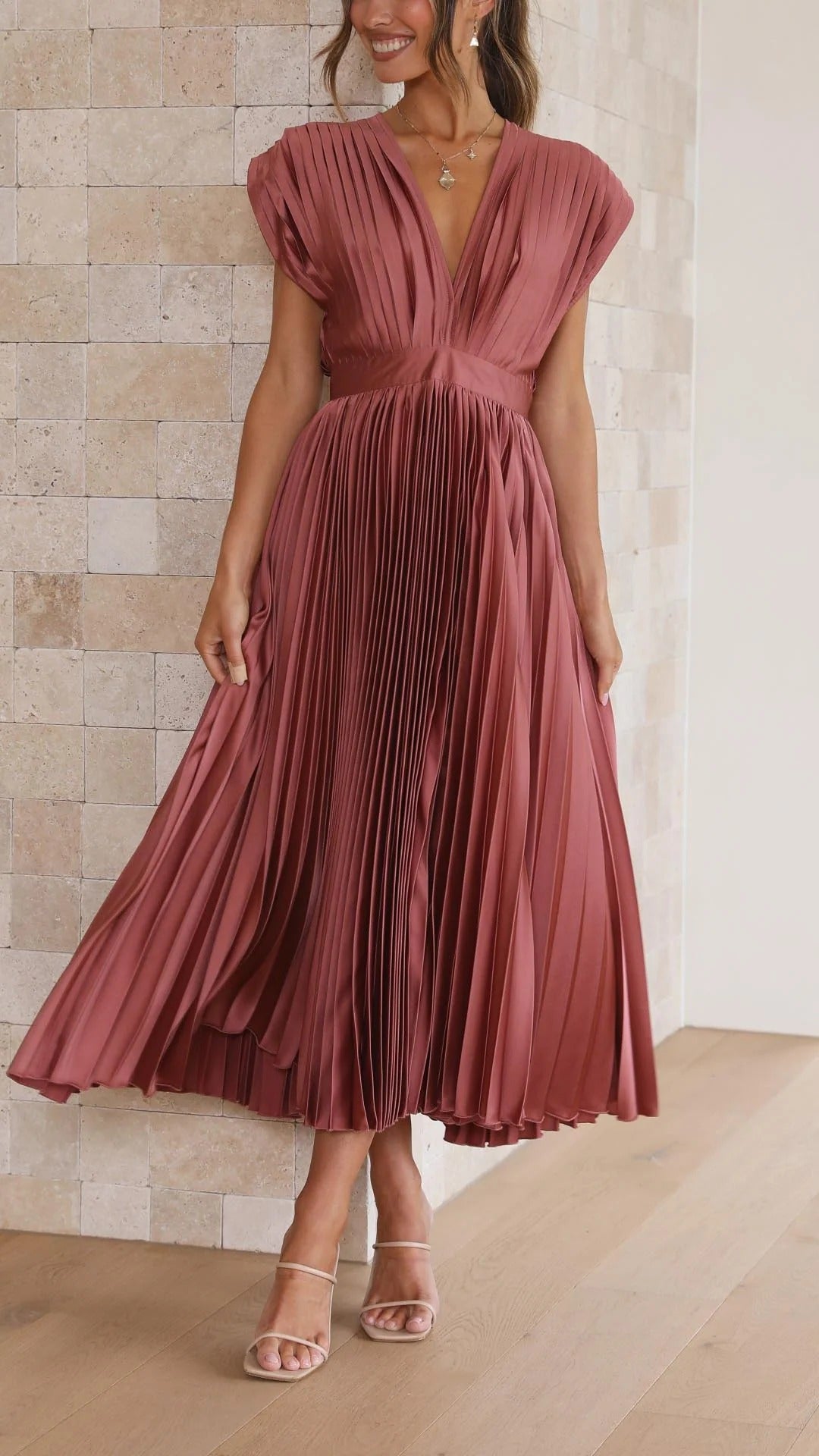 Pleated Maxi Dress with Draped V-Neckline