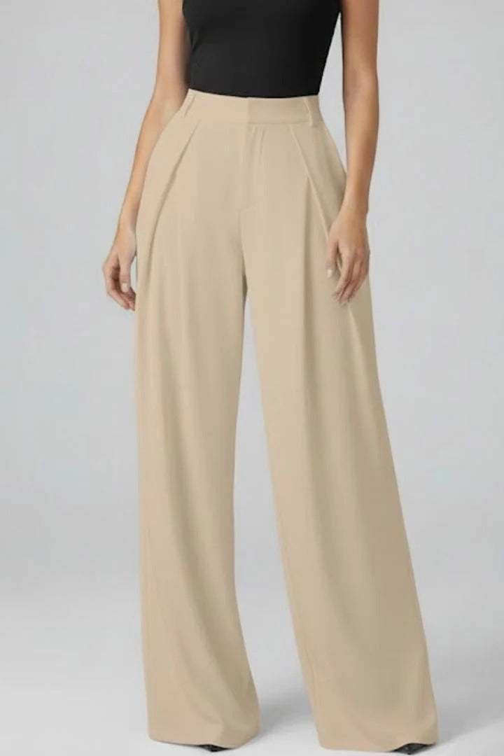 High-Rise Wide-Leg Trousers with Pleated Waist Detail