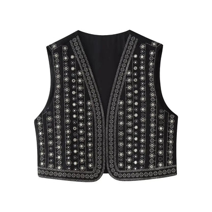 Women's Sleeveless Sequin Embroidered Boho Waistcoat, Open Front