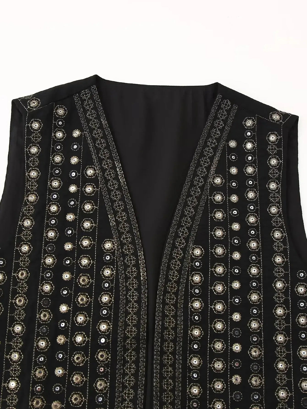 Women's Sleeveless Sequin Embroidered Boho Waistcoat, Open Front