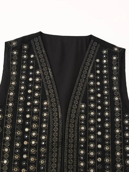 Women's Sleeveless Sequin Embroidered Boho Waistcoat, Open Front