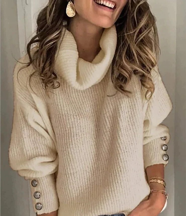 Cowl Neck Ribbed Knit Jumper with Button Sleeve Detail for Women