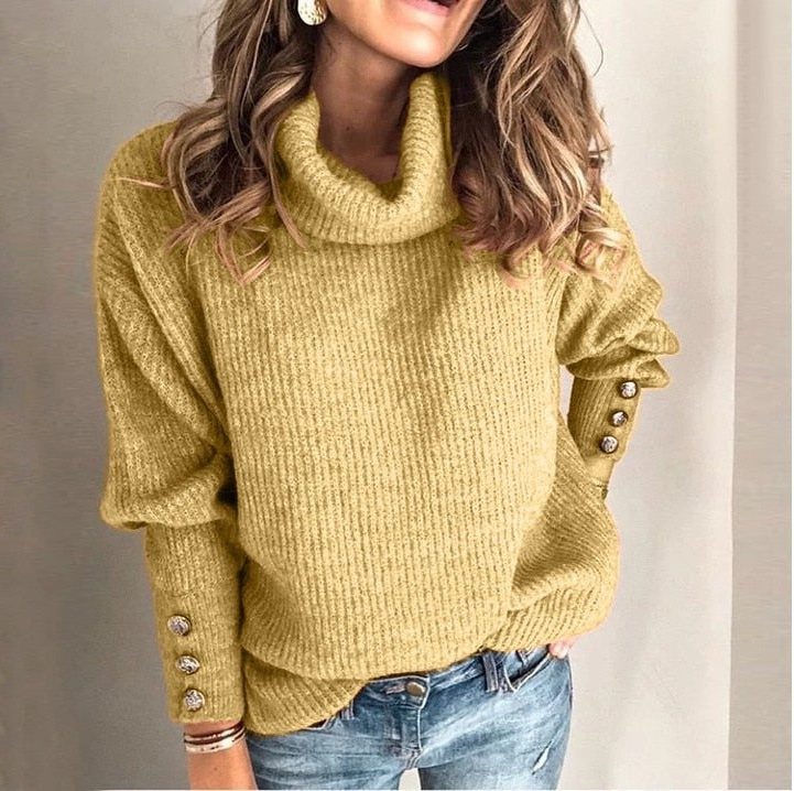 Cowl Neck Ribbed Knit Jumper with Button Sleeve Detail for Women