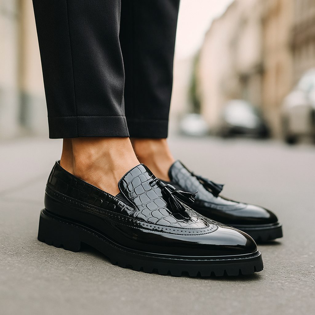 Croc-Embossed Tassel Loafers with Lug Sole for Men