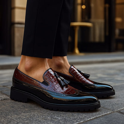 Croc-Embossed Tassel Loafers with Lug Sole for Men