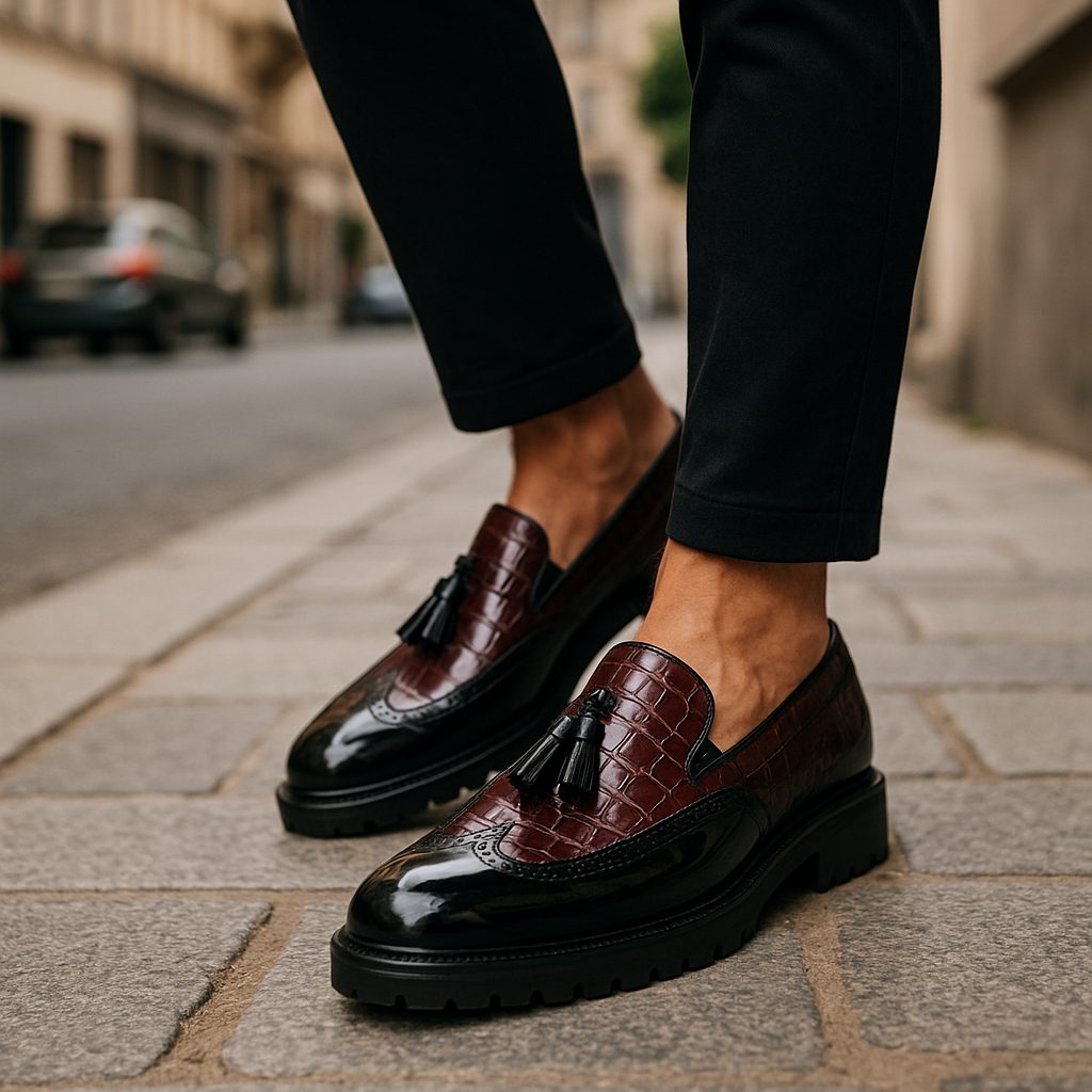 Croc-Embossed Tassel Loafers with Lug Sole for Men