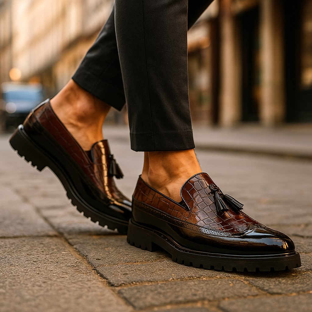 Croc-Embossed Tassel Loafers with Lug Sole for Men