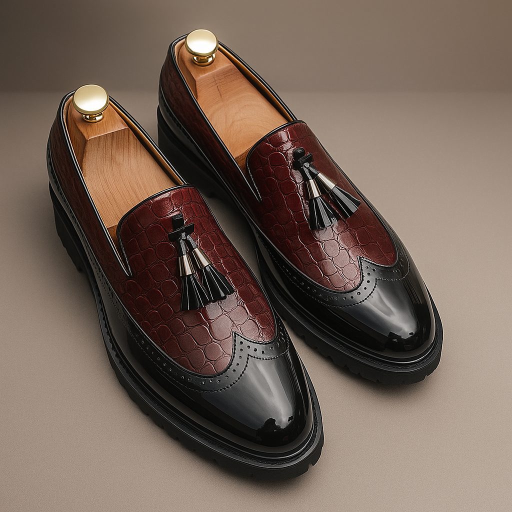 Croc-Embossed Tassel Loafers with Lug Sole for Men
